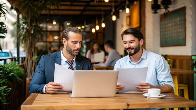 Two men reviewing documents together at a caf้ with a laptop and coffee.