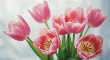 Obraz premium Springtime Tulips: A Bouquet of Delicate Beauty - Five pink tulips symbolize spring's arrival, new beginnings, hope, love, and vibrant beauty. A delicate and heartwarming