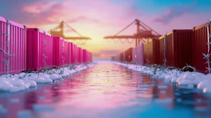 Colorful shipping containers lining a vibrant waterfront at sunset, reflecting in the water. - Powered by Adobe