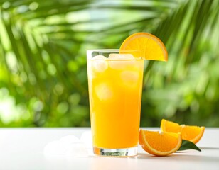 Fototapeta premium Tall glass of orange juice with lemon and ice, set against a green tropical backdrop.