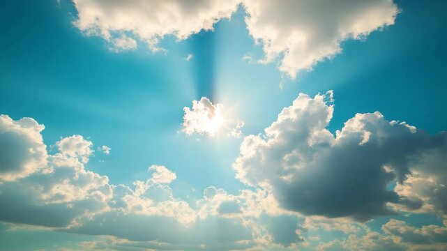 Sun rays streaming through fluffy clouds against a bright blue sky, serene landscape