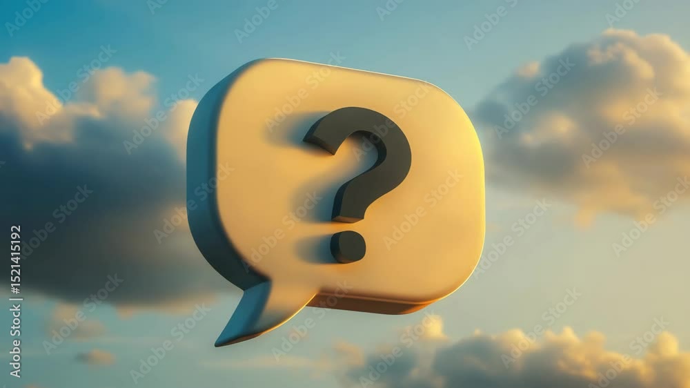 Poster floating 3d question mark in speech bubble against cloudy sky at sunset