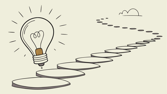 A lightbulb with rays shining above a path of stepping stones leading to a cloud drawing in the sky