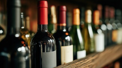A row of wine bottles, close-up, showcasing elegance and craftsmanship in a timeless display.