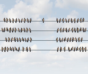 Choosing A group To Join business symbol and independent thinker concept or new leadership concept for individuality as a group of pigeon birds on a wire with one individual bird choosing a tribe.