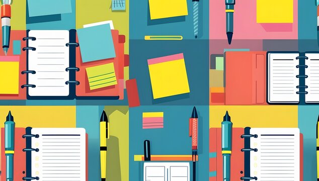 Colorful stationery flat lay pattern for office organization and planning