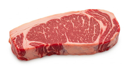 New York strip steak: raw beef cut, fresh red meat, lean with slight marbling, white background, isolated, 
