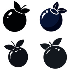 Stylized Fruit Icons Blueberry and Orange Vectors with Leaves, Isolated on White