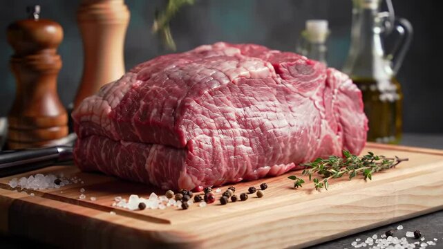 raw beef chuck roast on wooden board, cinematic close-up orbit