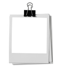 Vintage Polaroid, instant photo frame isolated in transparent PNG, polaroid frame - isolated design element, polaroids with black binder clip.