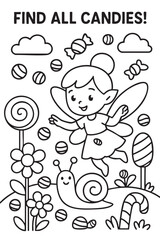 A delightful coloring page featuring a whimsical fairy surrounded by a delightful array of colorful candies and beautiful flowers