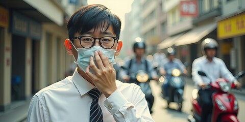 Asian man adjusting his face mask on a busy city street, focusing on health and protection from urban pollution.