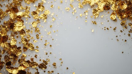 Fototapeta premium Floating golden foil flecks and flakes of various sizes and textures scattered around edges on transparent background with metallic shine and soft light in semi-realistic mystical style