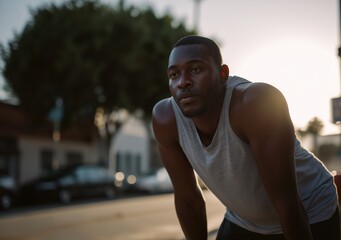 Focused African American man in sleeveless athletic shirt leans forward, catching his breath after workout. sun sets in background, creating warm glow