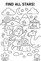 A girl can be seen standing right next to a camel, and this illustration is featured on a coloring page that invites creativity