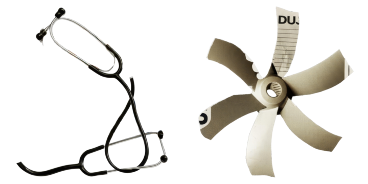 PNG stethoscope and a broken propeller form a contrasting collage.