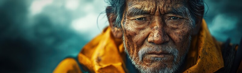 Man with a yellow jacket  elderly fisherman banner copy space
