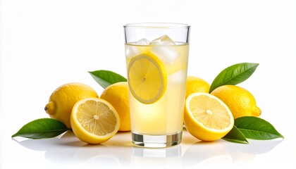 Fresh lemonade served in a clear glass on an isolated white background. Sharp detail with copy space, perfect for beverage, summer drink, healthy lifestyle, or refreshing drink stock concepts.
