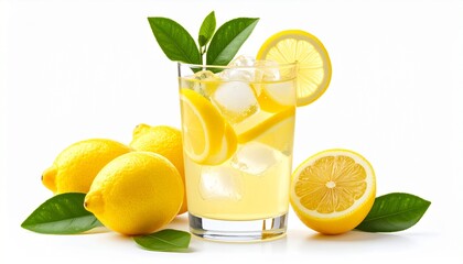 Fresh lemonade served in a clear glass on an isolated white background. Sharp detail with copy space, perfect for beverage, summer drink, healthy lifestyle, or refreshing drink stock concepts.