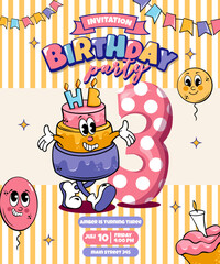 kids birthday invitation with cartoon cake character, handwritten text and balloons