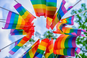 bottom view gay pride flags raising up in the air,lgbt community equality movements gathering in the park