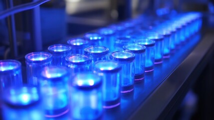 Obraz premium Illuminated test tubes in a laboratory setting.