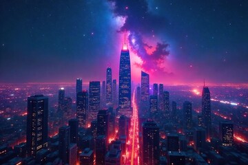 Fototapeta premium A futuristic cityscape at night, gleaming skyscrapers reaching towards a vibrant, star-filled sky, symbolizing boundless potential and technological advancement , growth, abstract