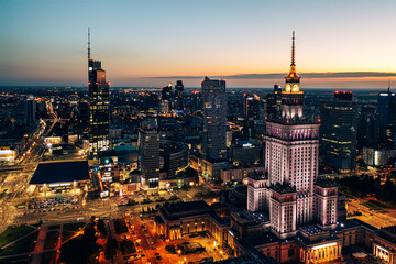 Palace of Science and Culture, Warsaw city center at night