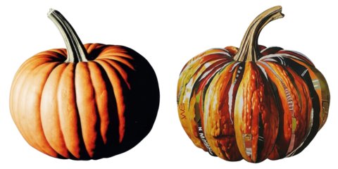 PNG Two vibrant pumpkins display intricate on their surfaces.