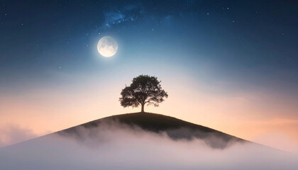 A serene night landscape featuring a lone tree on a gently sloping grassy hill, bathed in soft moonlight.  A peaceful and atmospheric minimalistic nature scene, evoking calm and solitude