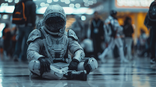 A candid moment of rest, cosplayer amidst chaos