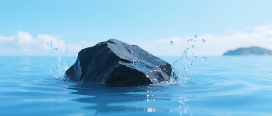 Rock Emerging from Calm Waters with Splashes under Blue Sky