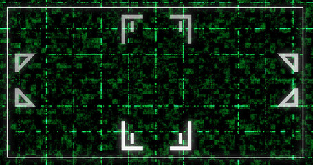 Digital frame border box with decorative geometric signs technology bg. Hud interface, dynamic moving shapes stream starting, end credits overlay asset on black.Cyber concept software geometry cut.