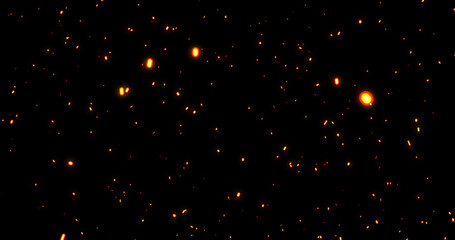 Fototapeta premium Realistic surreal ember fire dust slowly rising up on black bg . Grunge dark fire sparks flying isolated. Overlay spark tiny flake burning animation. Hell rising burst inferno. Fire burst dust move