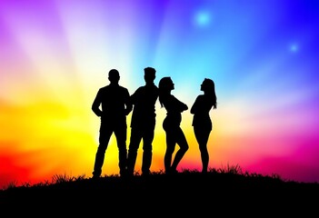Fototapeta premium Silhouetted figures stand apart, isolated against a vibrant backdrop, together, photo