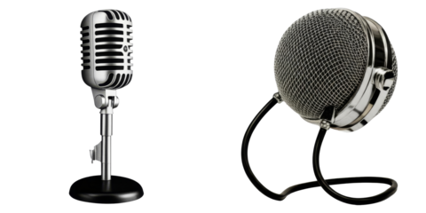 PNG Two vintage microphones stand on a transparent background.