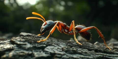 Fototapeta premium Incredible Macro View of Ant Crawling on Black Tree Bark in a Studio Setting with Stunning Colors