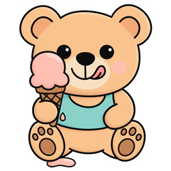 Cute Cartoon Bear Eating Ice Cream in Summer