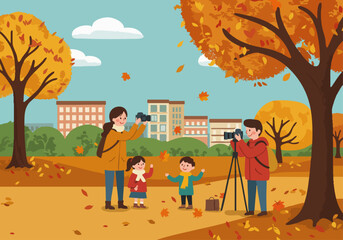 A family enjoys Autumn Leaf Photography Day! Two people photograph children amidst colorful fall foliage and a cityscape. A cheerful, vibrant autumn scene.