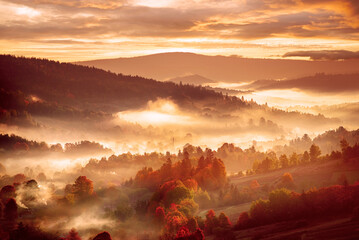 Morning mountain landscape, autumn seasonal background, amazing sunrise