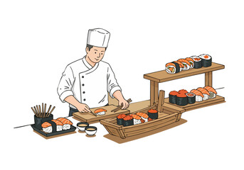 skilled sushi chef meticulously crafts rolls on a wooden display  Clean lines vibrant colors and a professional setting create a visually appealing composition for food photography