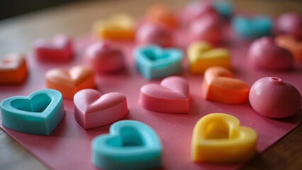 Colorful heart shaped silicone molds. Close up. 