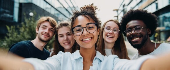 Obraz premium The group of friends enjoying a sunny day while taking a cheerful selfie outdoors.