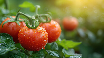 Ripe Tomatoes in Sunlight with Water Droplets