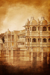 City place udaipur Heritage building watercolour painting,  Gangaur Ghat in Udaipur in India, sketch, Vintage paint, print
