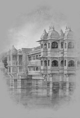 City place udaipur Heritage building,  Gangaur Ghat in Udaipur in India, sketch, Vintage paint, print