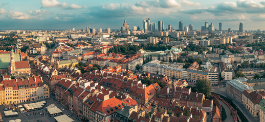 Old city in Warsaw panorama, view from above to the old and new city