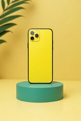 Yellow Smartphone in Teal Stand on Beige Surface with Palm Leaf Shadow