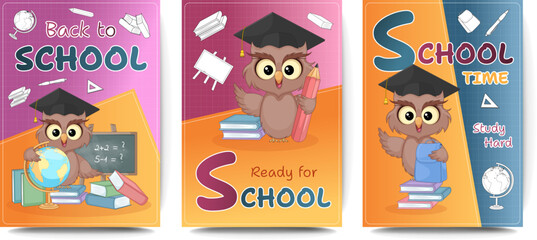 Back to school cartoon owl posters – education vector set for kids