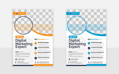A4 size business flyer design template with elliptical blue and orange shape